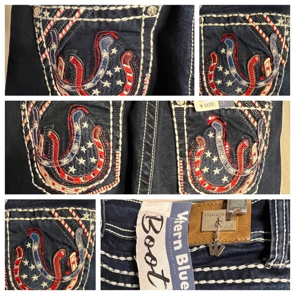 NWT Western Blue Jeans Size 13 Boot Cut Dark Wash Horse Shoe Design - Picture 6 of 16